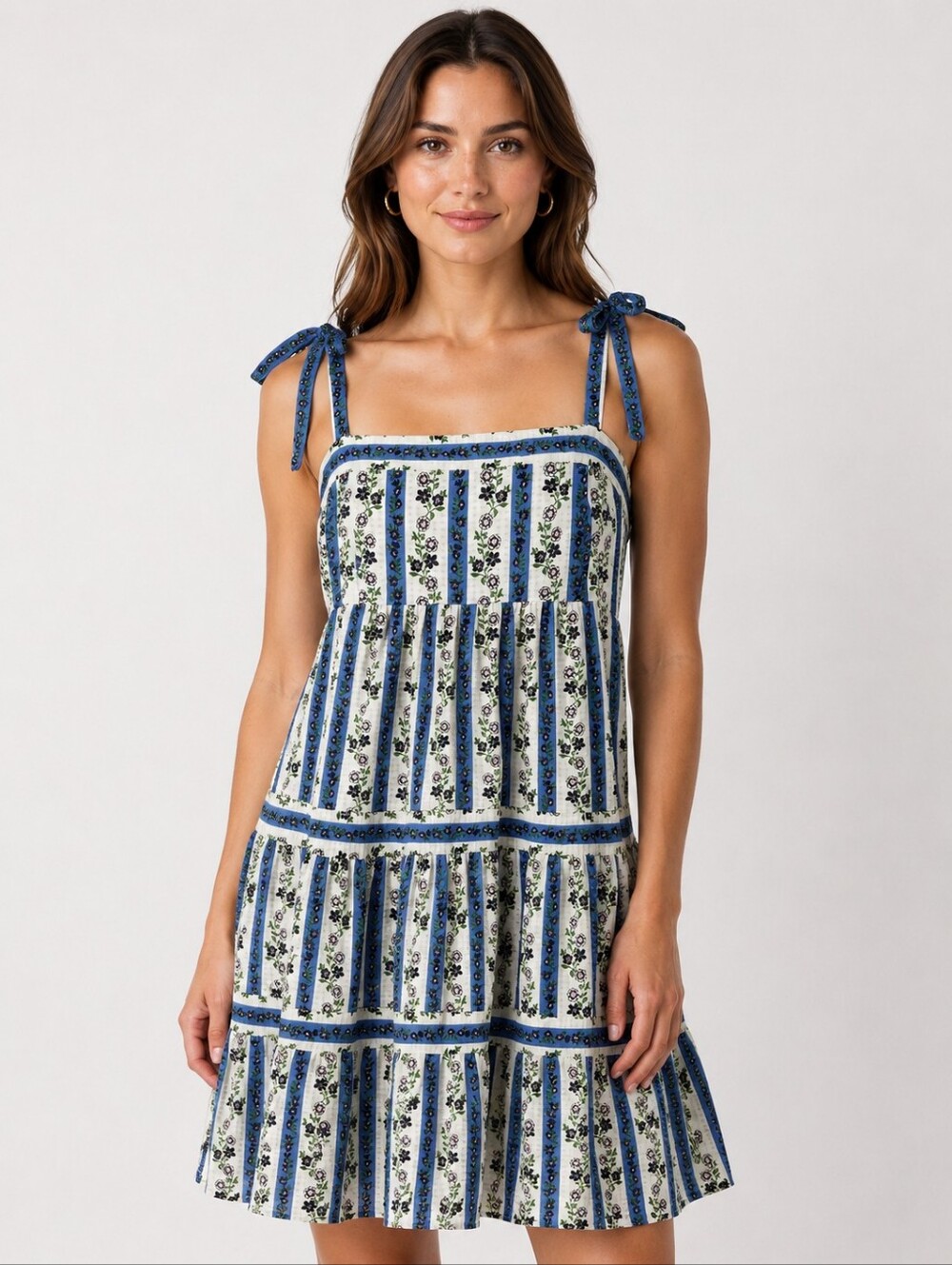 Maison Tara Floral Tie Strap Tiered Sundress Blue White‎ Lined Size 12